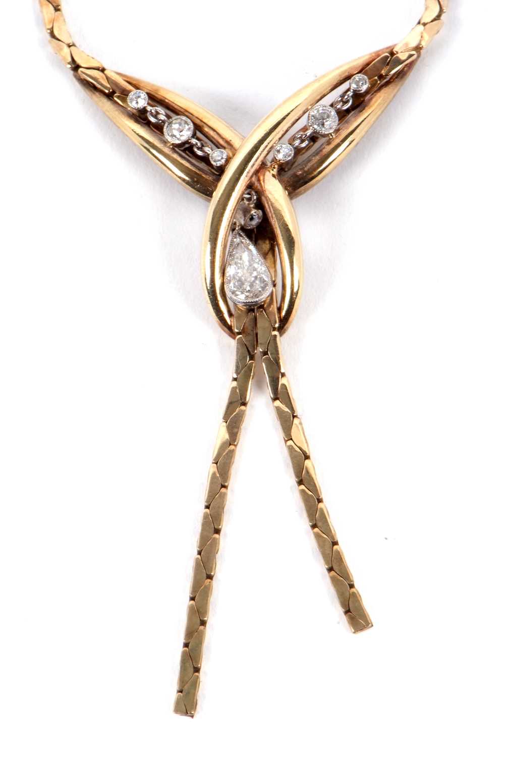 A 9ct diamond necklace, set to centre with crossover loop of gold set with a pear shape and a - Image 7 of 9