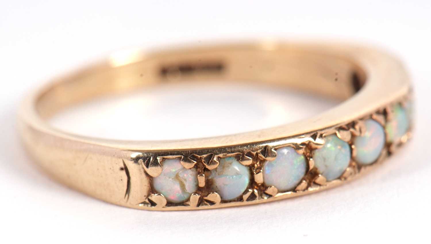 Two 9ct half hoop gemset rings, the first set with round opal cabochons, with plain lower band - Image 4 of 4