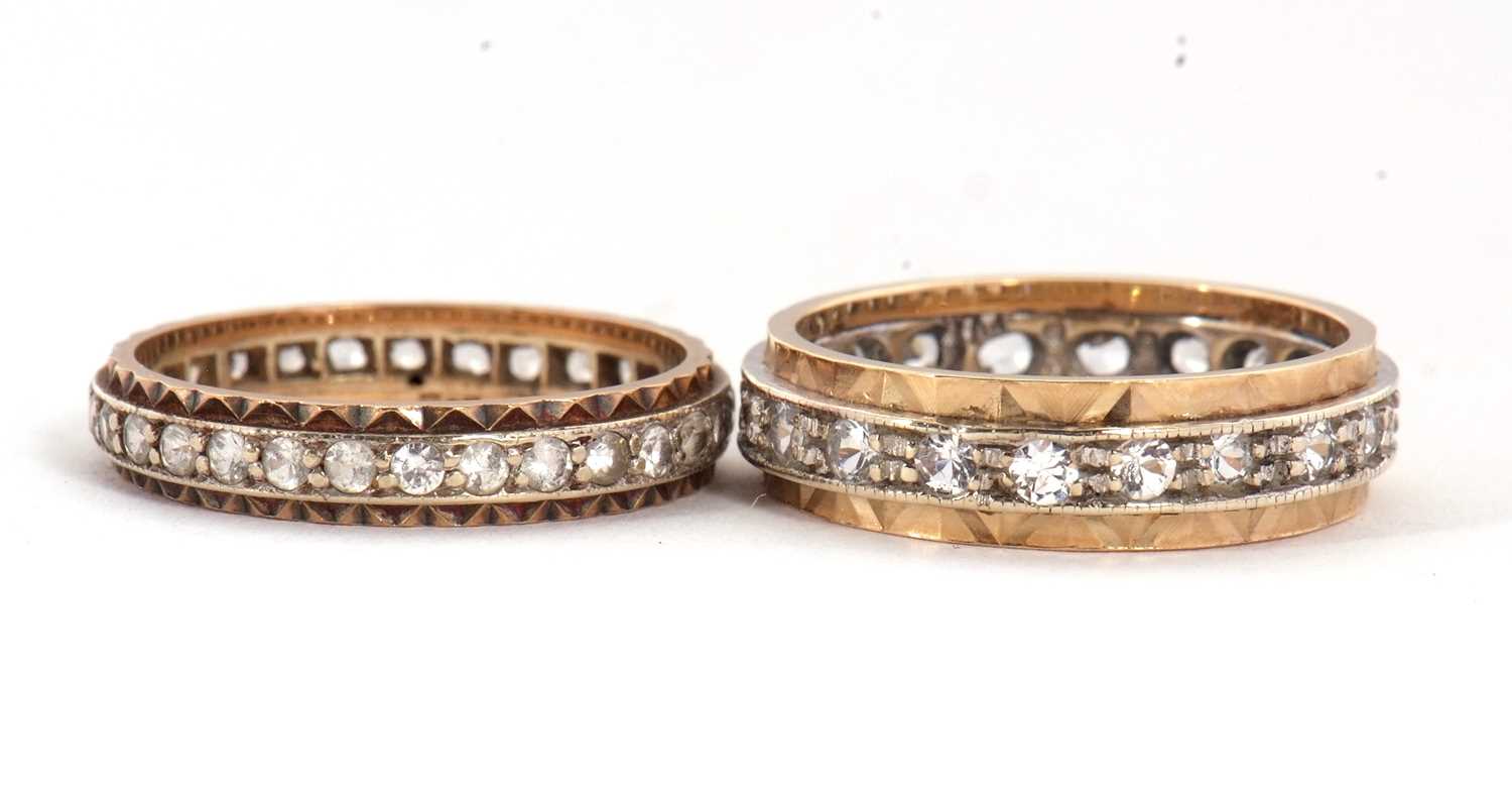 Two eternity rings, one with a central channel of white stones set in white metal with an outer band - Image 2 of 2