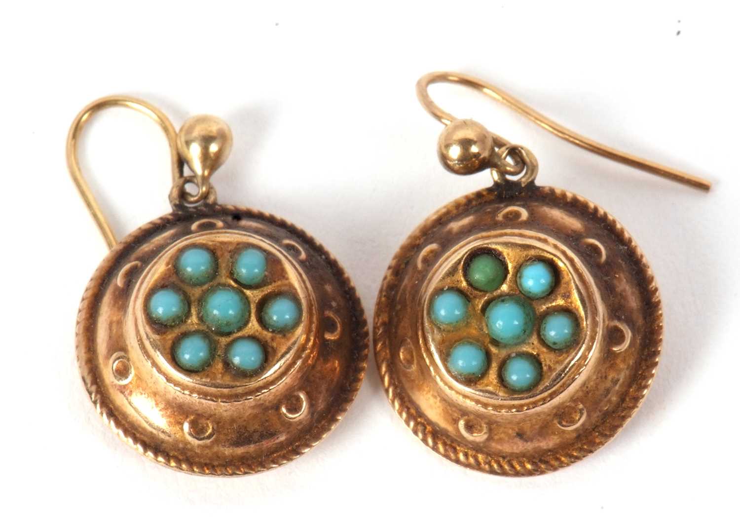 A turquoise and diamond ring and faux turquoise earrings, the ring set with three round turquoise - Image 2 of 8