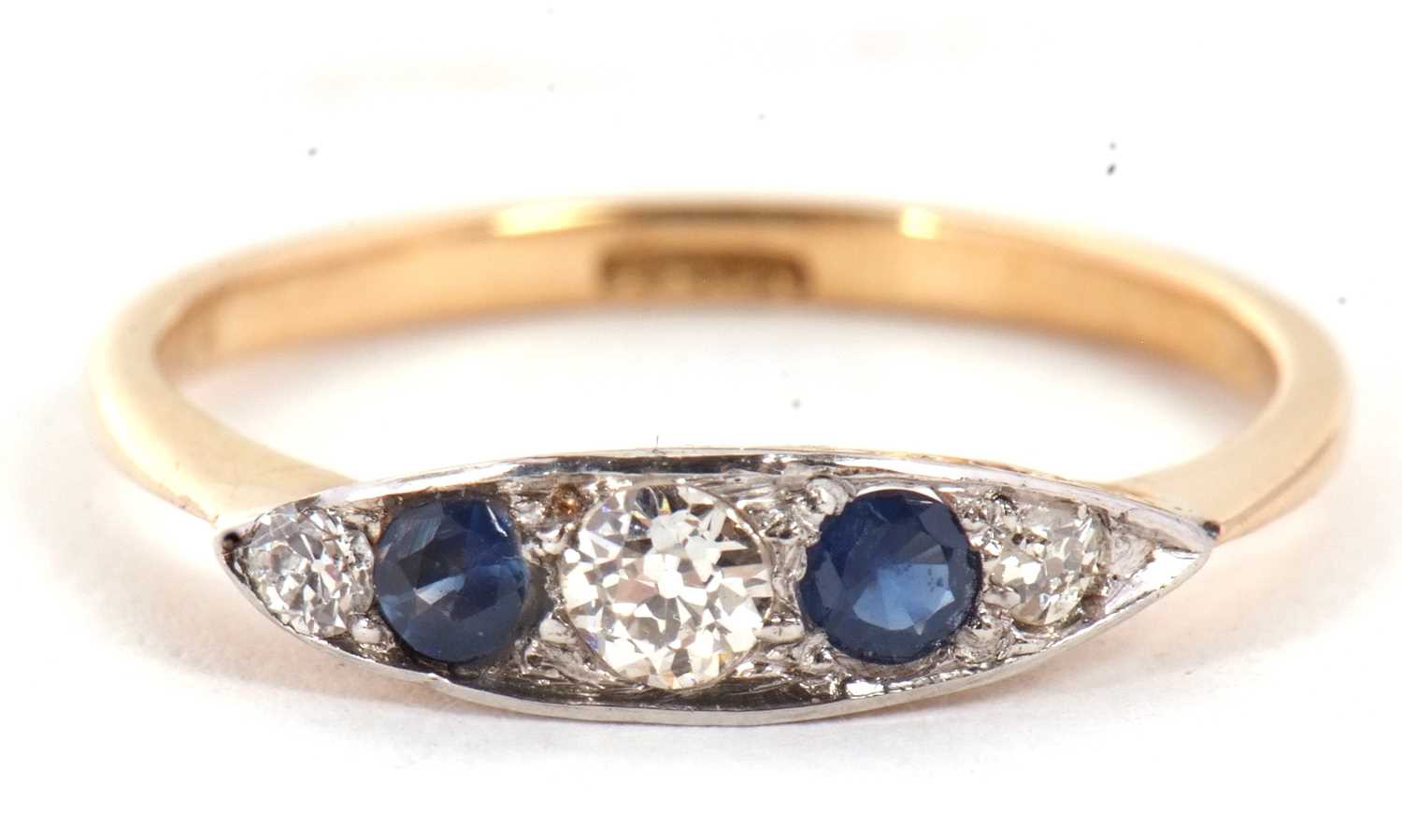 A sapphire and diamond ring, the marquise shape plaque set with alternating old mine cut diamonds - Image 7 of 7