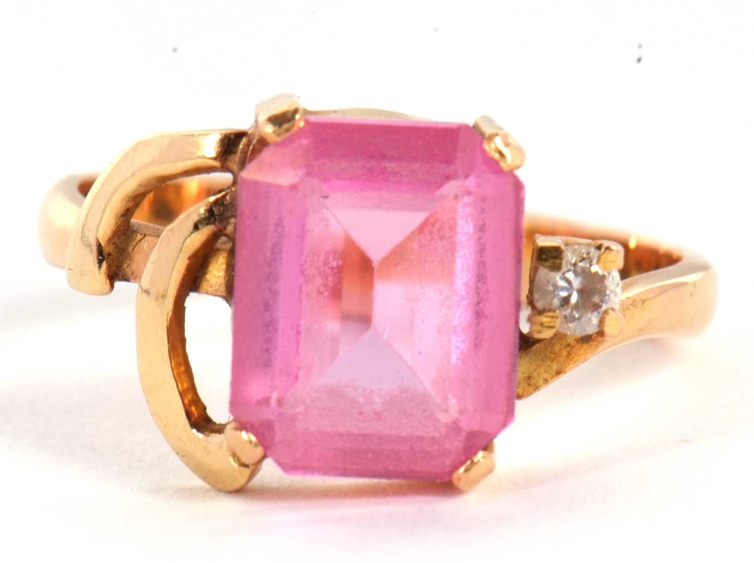 An 18k synthetic pink sapphire and white stone ring, size N, 3.6g, together with a synthetic pink - Image 4 of 9