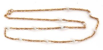 A cultured pearl necklace, the fancy link chain set with round cultured pearls approx. 3.9mm
