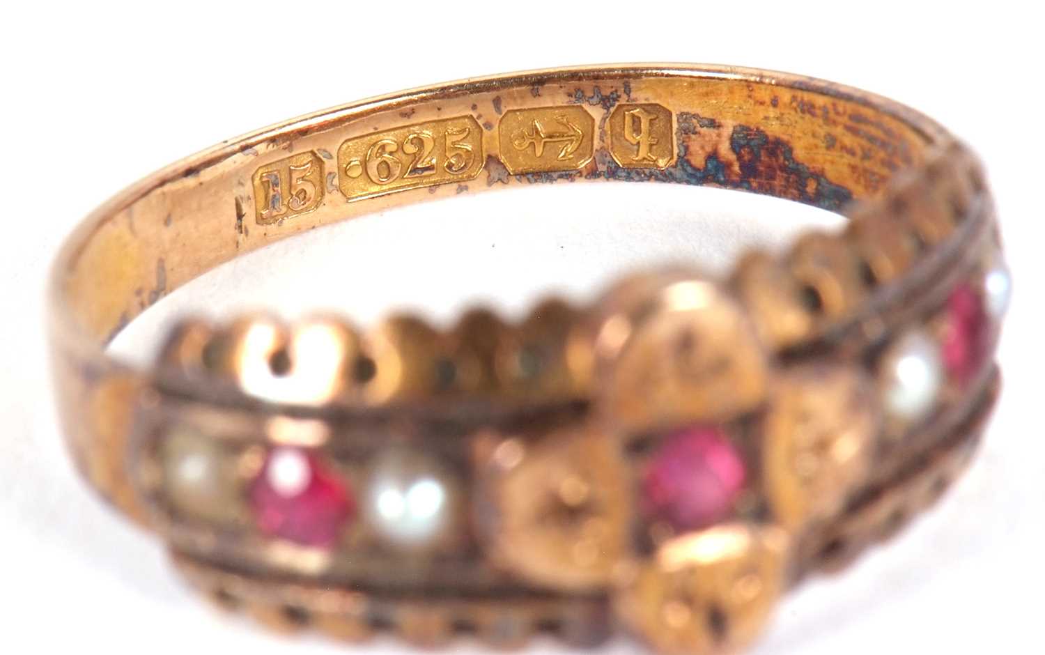 A late Victorian ruby and seed pearl ring, hallmarked Birmingham 1890, size K, 2.2g - Image 7 of 7