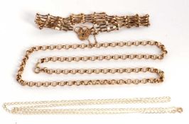 A quantity of gold jewellery to include a gate link bracelet with jump ring hallmarked Sheffield
