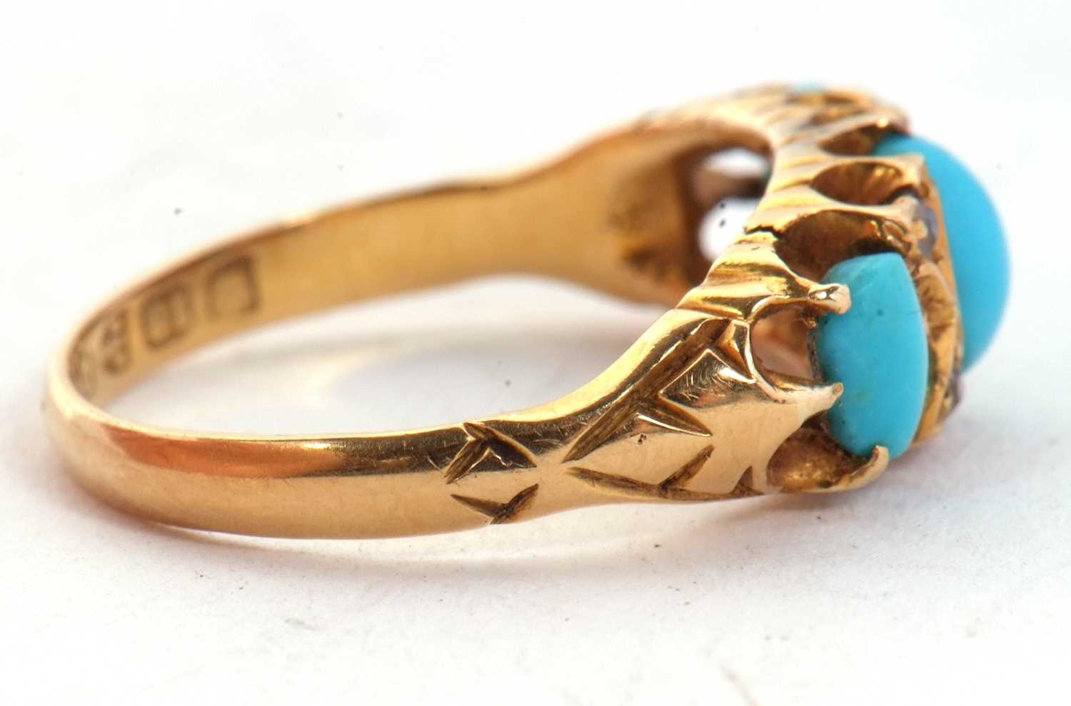 A late Victorian 18ct turquoise and diamond ring, the three slightly graduated oval turquoise - Image 2 of 7