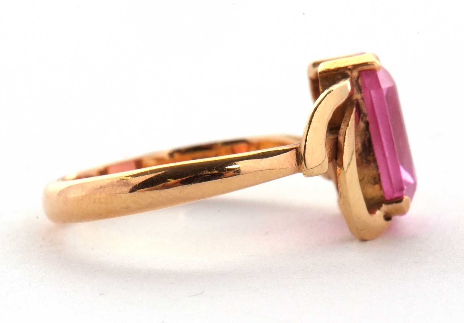 An 18k synthetic pink sapphire and white stone ring, size N, 3.6g, together with a synthetic pink - Image 5 of 9