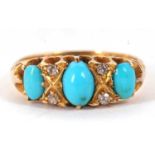 A late Victorian 18ct turquoise and diamond ring, the three slightly graduated oval turquoise