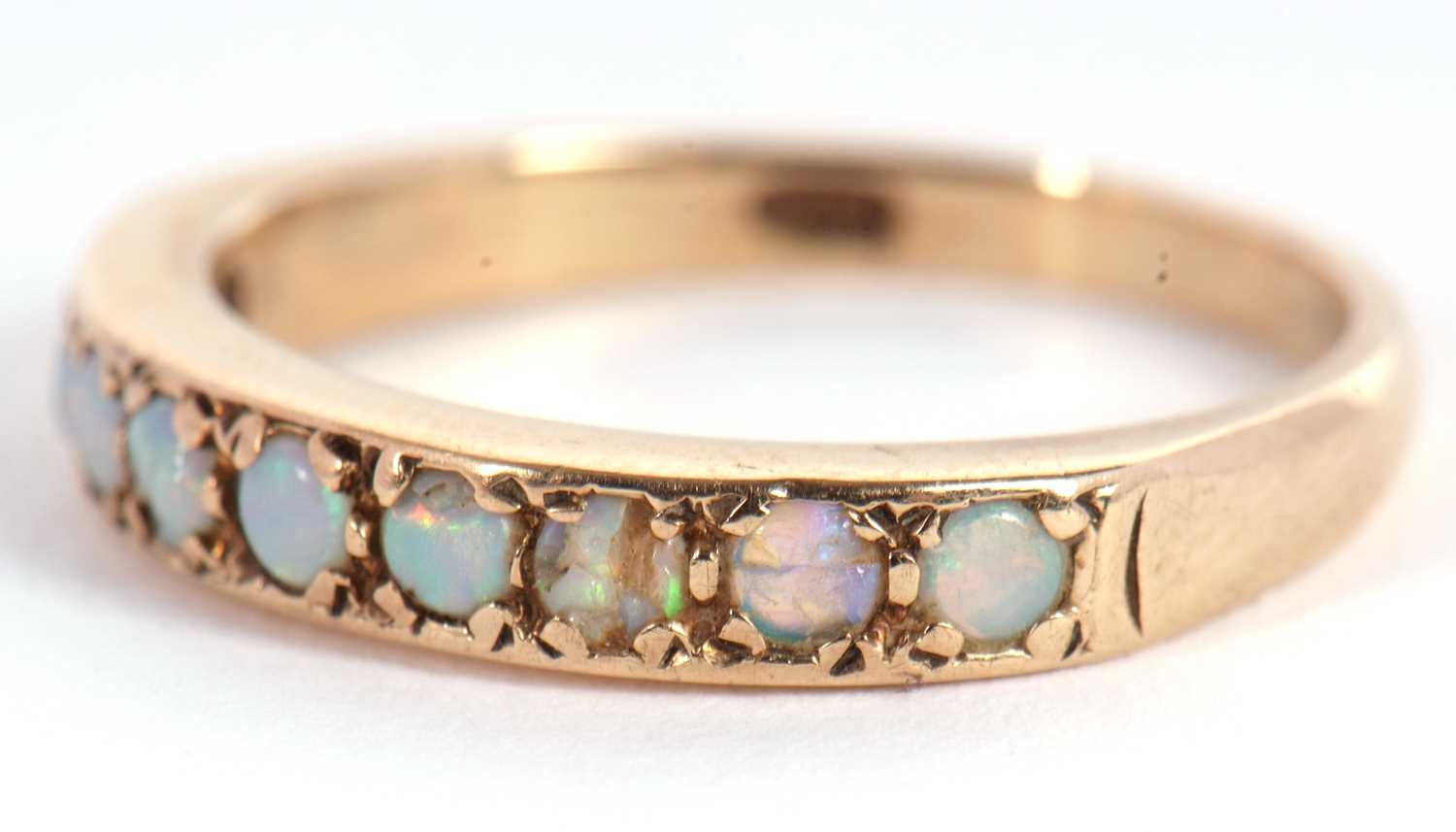Two 9ct half hoop gemset rings, the first set with round opal cabochons, with plain lower band - Image 3 of 4
