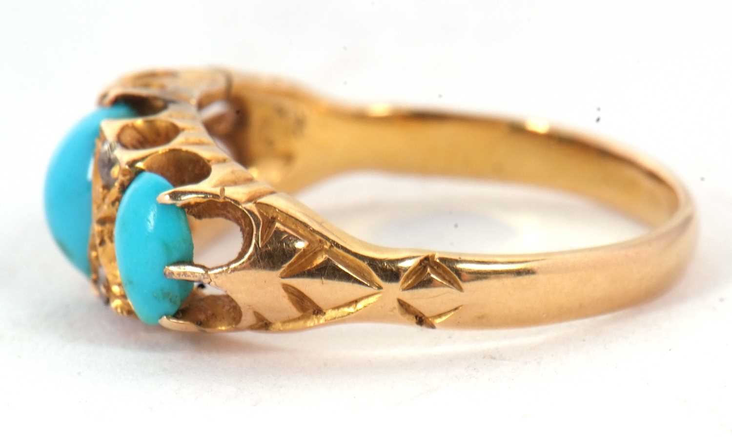 A late Victorian 18ct turquoise and diamond ring, the three slightly graduated oval turquoise - Image 7 of 7