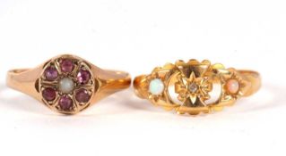 A 15ct ruby and cultured pearl ring, hallmarked Birmingham 1876, size M, 2.2g, and an 18ct opal