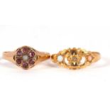 A 15ct ruby and cultured pearl ring, hallmarked Birmingham 1876, size M, 2.2g, and an 18ct opal