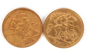 A 1912 half sovereign 4.0g, and a 1913 half sovereign, 4.0g, (2)