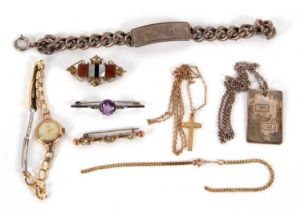 A mixed lot of jewellery, to include a 9ct cross and chain, 5.3g, a 9ct bracelet, 3.5g, (a/f), a 9ct