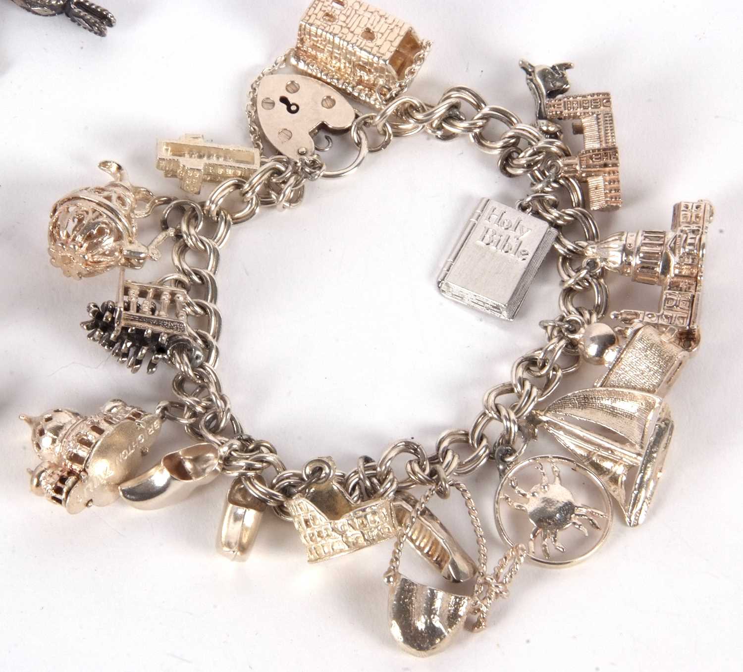 Two silver charm bracelets, both with curblink bracelets and heart shaped padlock clasps, one - Image 5 of 5