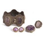 A quantity of Chinese amethyst jewellery, to include a white metal filigree decorated bracelet set