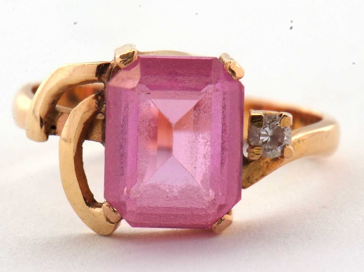 An 18k synthetic pink sapphire and white stone ring, size N, 3.6g, together with a synthetic pink - Image 9 of 9