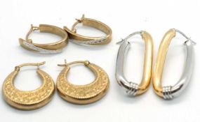 Three pairs of 9ct earrings, to include a pair of bi-colour rectangular earhoops stamped 375, a pair