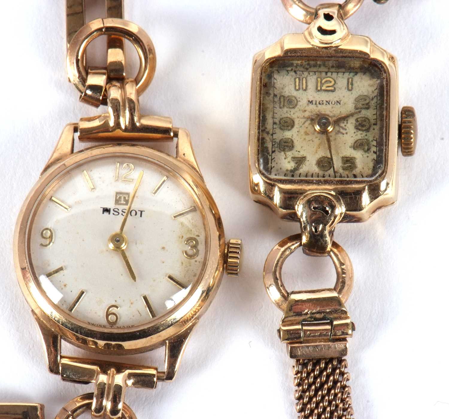 A lady's 9ct Tissot wristwatch with 9ct strap, 13.6g, and a lady's Mignon 14k cased wristwatch - Bild 2 aus 2