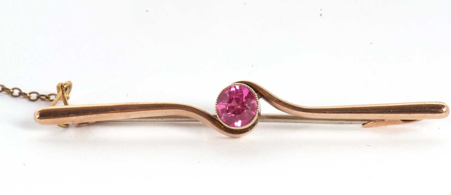 An 18k synthetic pink sapphire and white stone ring, size N, 3.6g, together with a synthetic pink - Image 2 of 9