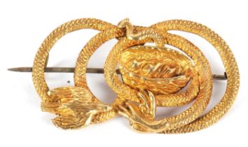 A snake and bird brooch, the snake overlapping and intertwining a birds nest with chicks and a