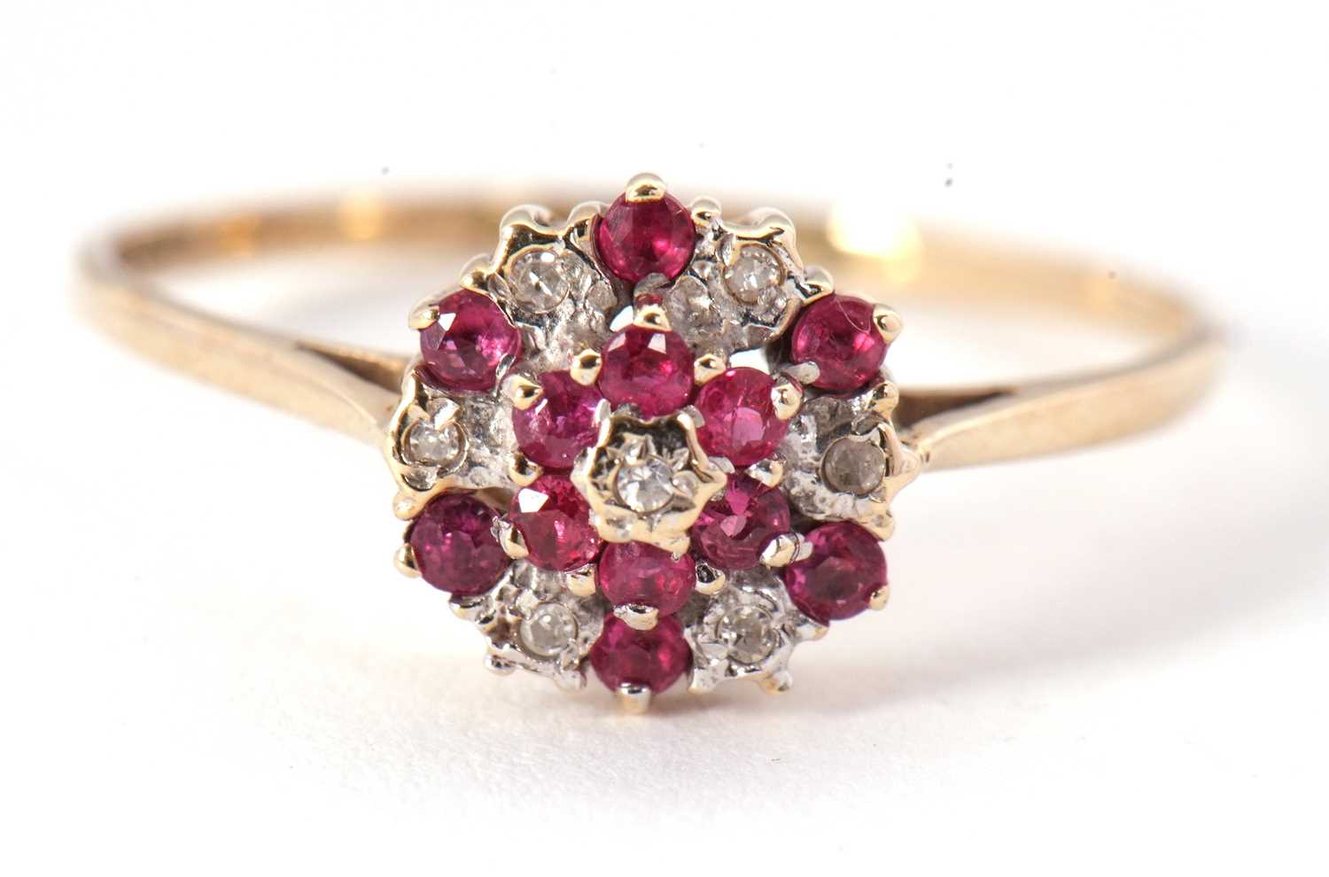 A 9ct pink stone and diamond cluster ring, the small round pink stones and small round diamonds in a - Image 5 of 8