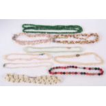 A quantity of cultured pearl and hardstone bead necklaces