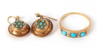 A turquoise and diamond ring and faux turquoise earrings, the ring set with three round turquoise