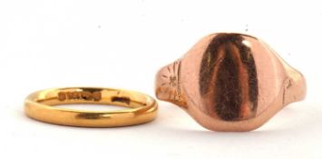 Two gold rings, to include an 22ct wedding band, hallmarked London 1953, size J, 3.1g, and a rose