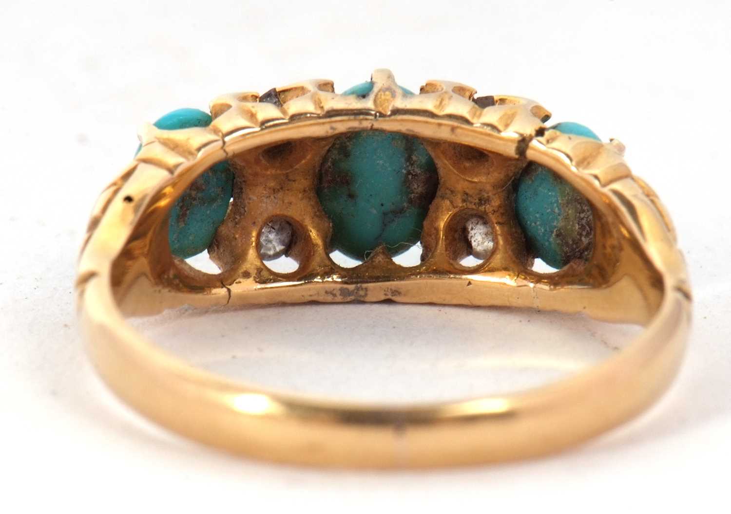 A late Victorian 18ct turquoise and diamond ring, the three slightly graduated oval turquoise - Image 5 of 7