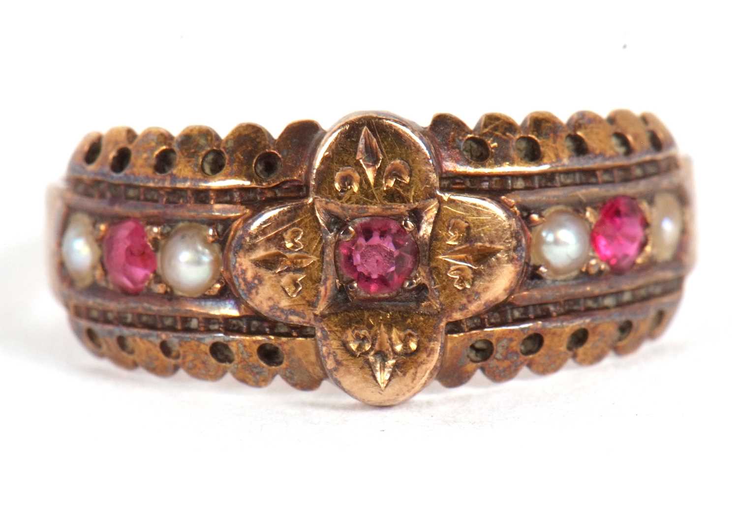 A late Victorian ruby and seed pearl ring, hallmarked Birmingham 1890, size K, 2.2g - Image 2 of 7