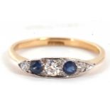 A sapphire and diamond ring, the marquise shape plaque set with alternating old mine cut diamonds