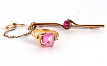 An 18k synthetic pink sapphire and white stone ring, size N, 3.6g, together with a synthetic pink