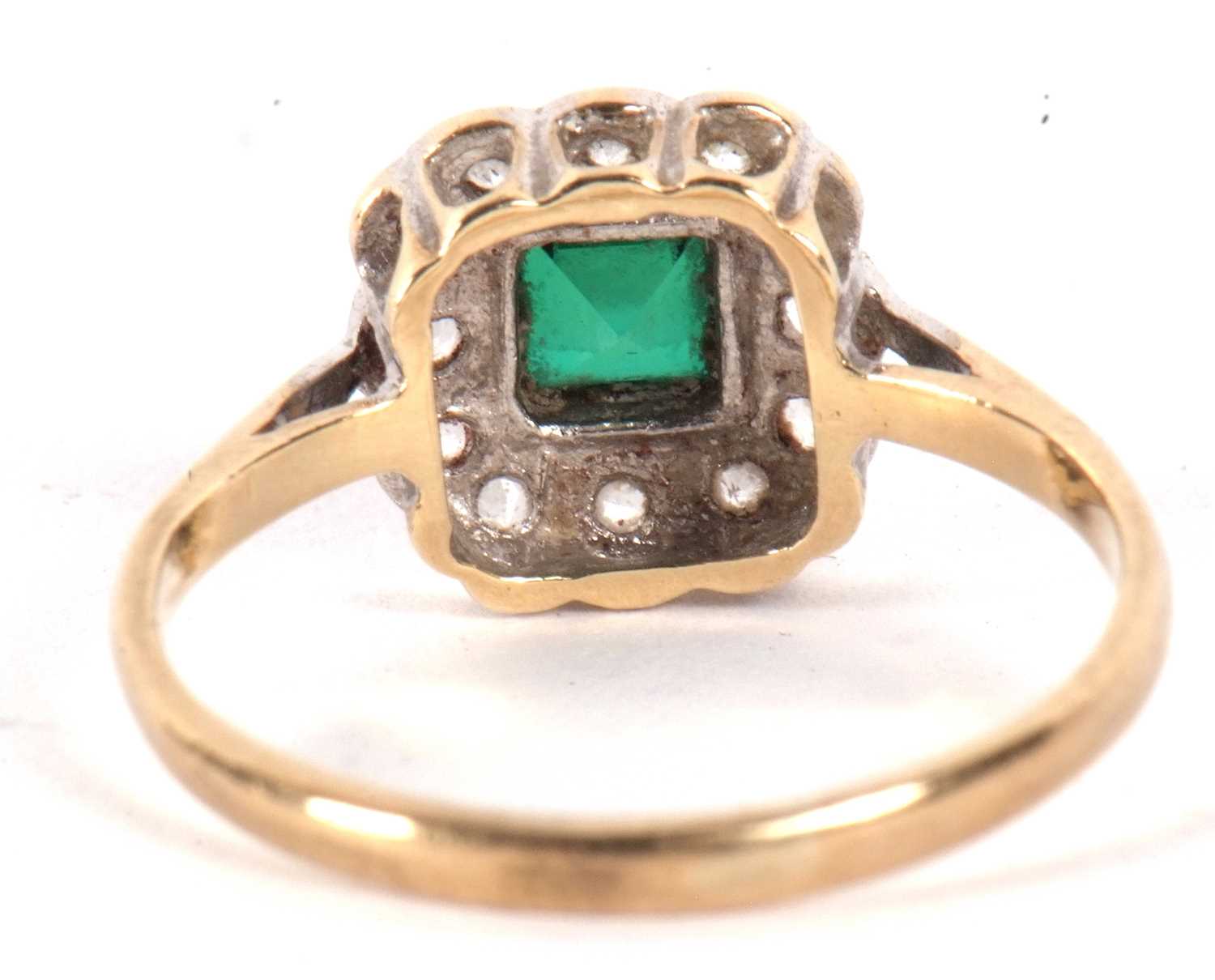 A 9ct green and white paste ring, the central square step cut stone surrounded by small white paste, - Image 3 of 6