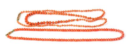 Two coral bead necklaces, one of uniform beads, approx. 4.5mm diameter, with gilt metal clasp,