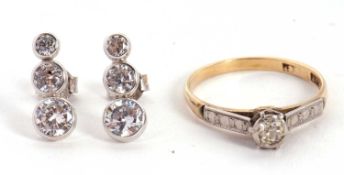A single stone diamond ring and a pair of 9ct CZ earrings, the ring set with an old mine cut diamond