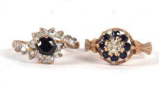 Two 9ct gemset rings, to include a 9ct sapphire and diamond cluster ring, hallmarked Sheffield 1981,
