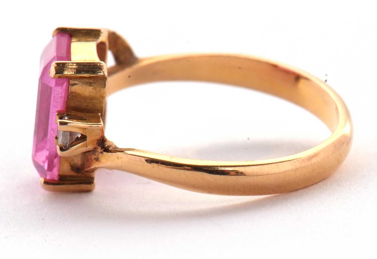 An 18k synthetic pink sapphire and white stone ring, size N, 3.6g, together with a synthetic pink - Image 7 of 9