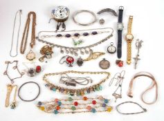 A mixed lot of jewellery and watches, to include a silver and enamel pendant by Charles Horner (a/
