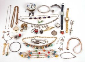 A mixed lot of jewellery and watches, to include a silver and enamel pendant by Charles Horner (a/