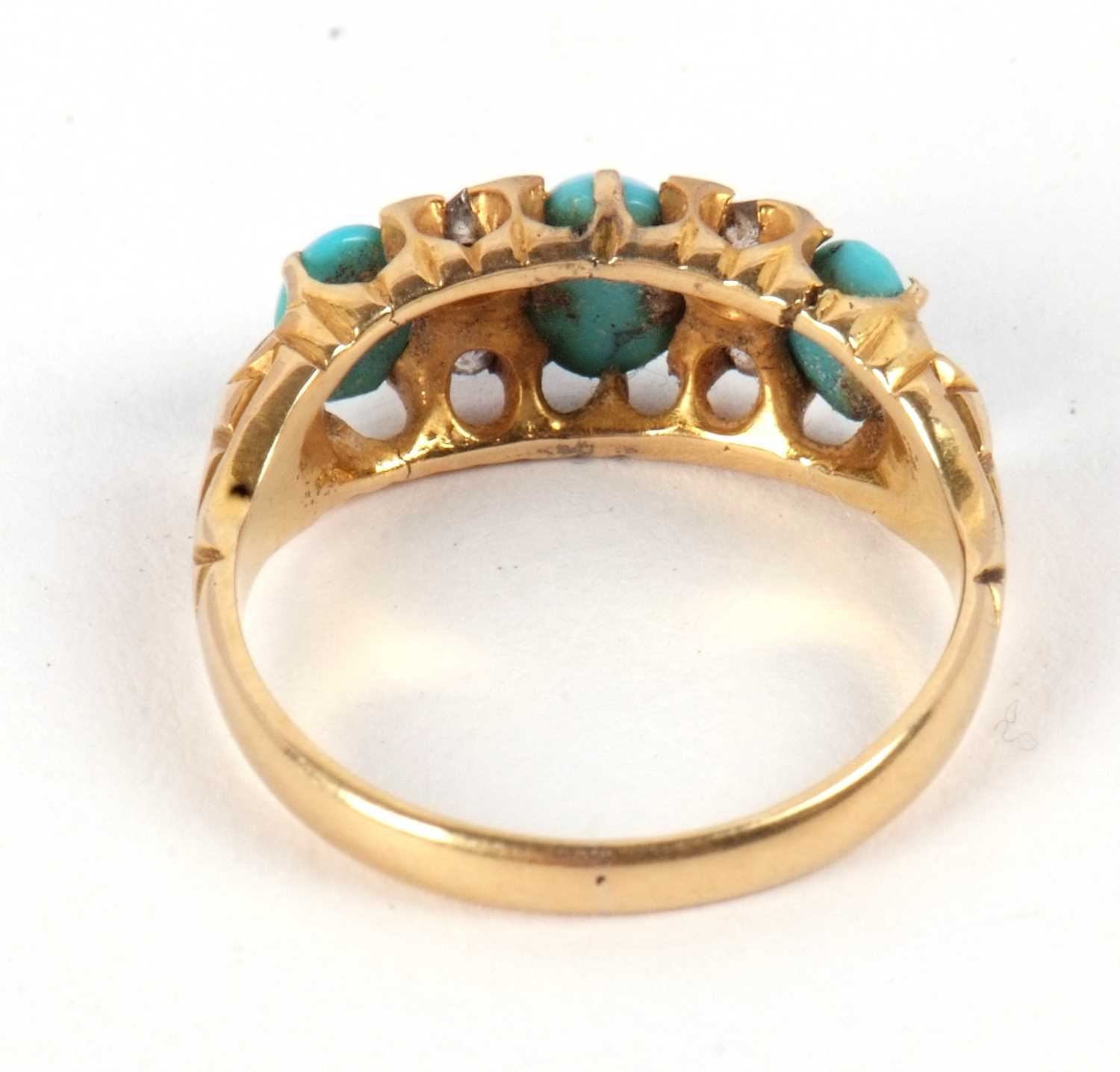 A late Victorian 18ct turquoise and diamond ring, the three slightly graduated oval turquoise - Image 3 of 7