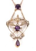 A 9ct amethyst and seed pearl necklace, set with a round collet mounted amethyst with seed pearl set