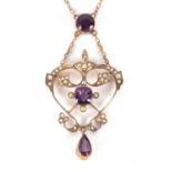 A 9ct amethyst and seed pearl necklace, set with a round collet mounted amethyst with seed pearl set