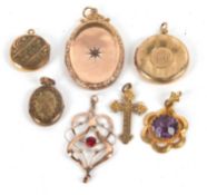 A mixed lot of yellow metal and goldplated jewellery to include a red stone pendant stamped 9ct, (