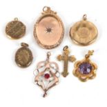 A mixed lot of yellow metal and goldplated jewellery to include a red stone pendant stamped 9ct, (