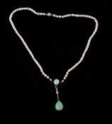 An opal, diamond and cultured pearl necklace, comprised of an oval opal cabochon in millegrain mount