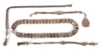 A quantity of mixed silver and white metal chains to include a fancy link necklace with rose gold