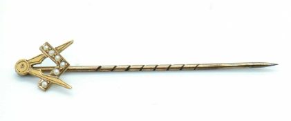 A 9ct and seed pearl Masonic stick pin, 47mm long, stamped 9ct to reverse, 0.7g, cased