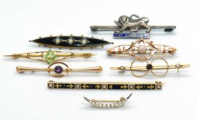 A quantity of bar brooches, to include a 15ct amethyst bar brooch, 1.9g, a 9ct purple stone and seed