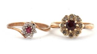 Two 9ct gemset rings, to include a 9ct ruby and CZ cluster ring hallmarked London 1985, size O, 1.
